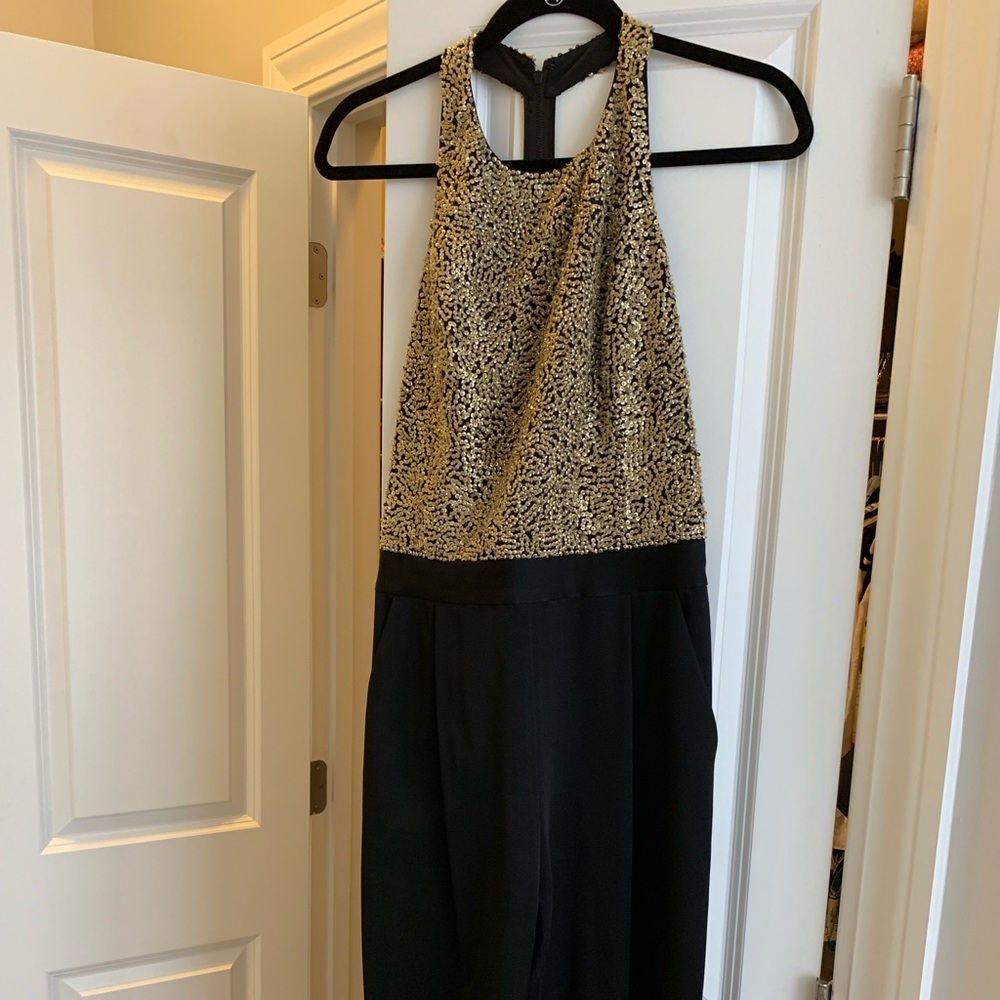 Alice + Olivia Black and Gold Sequin Halter Jumpsuit